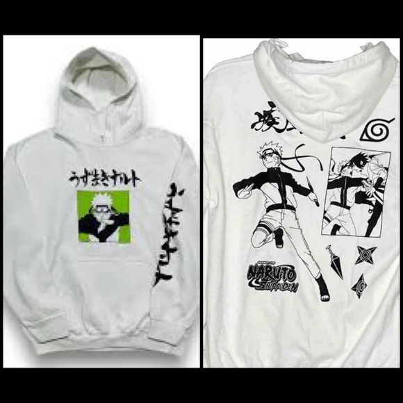 Naruto Shippuden Anime Manga Double Sided Graphic Hoodie White Sweatshirt L - Picture 1 of 14
